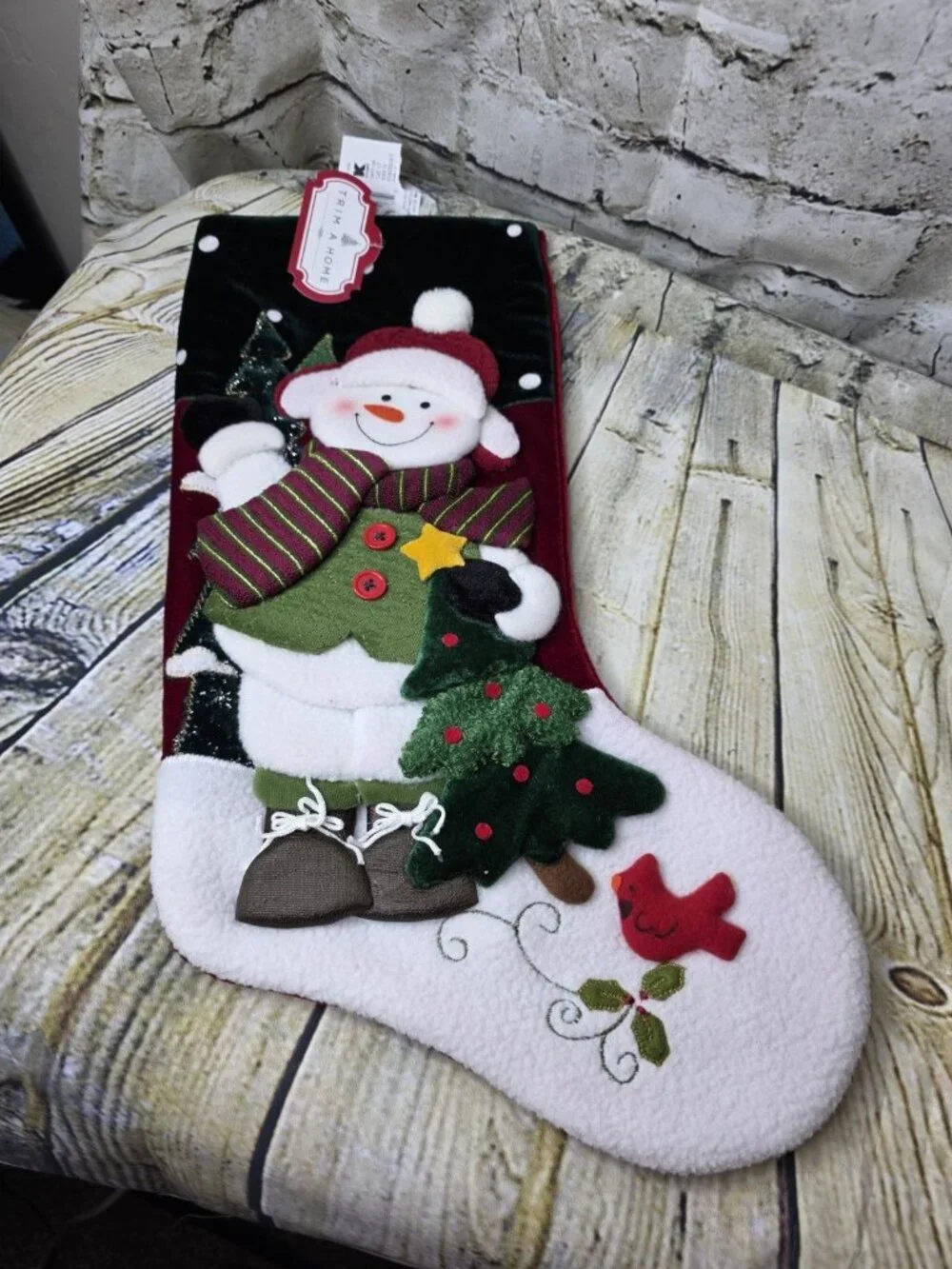 Snowman Christmas Stocking Red Green 20 Inches w Tags New Trim a Home